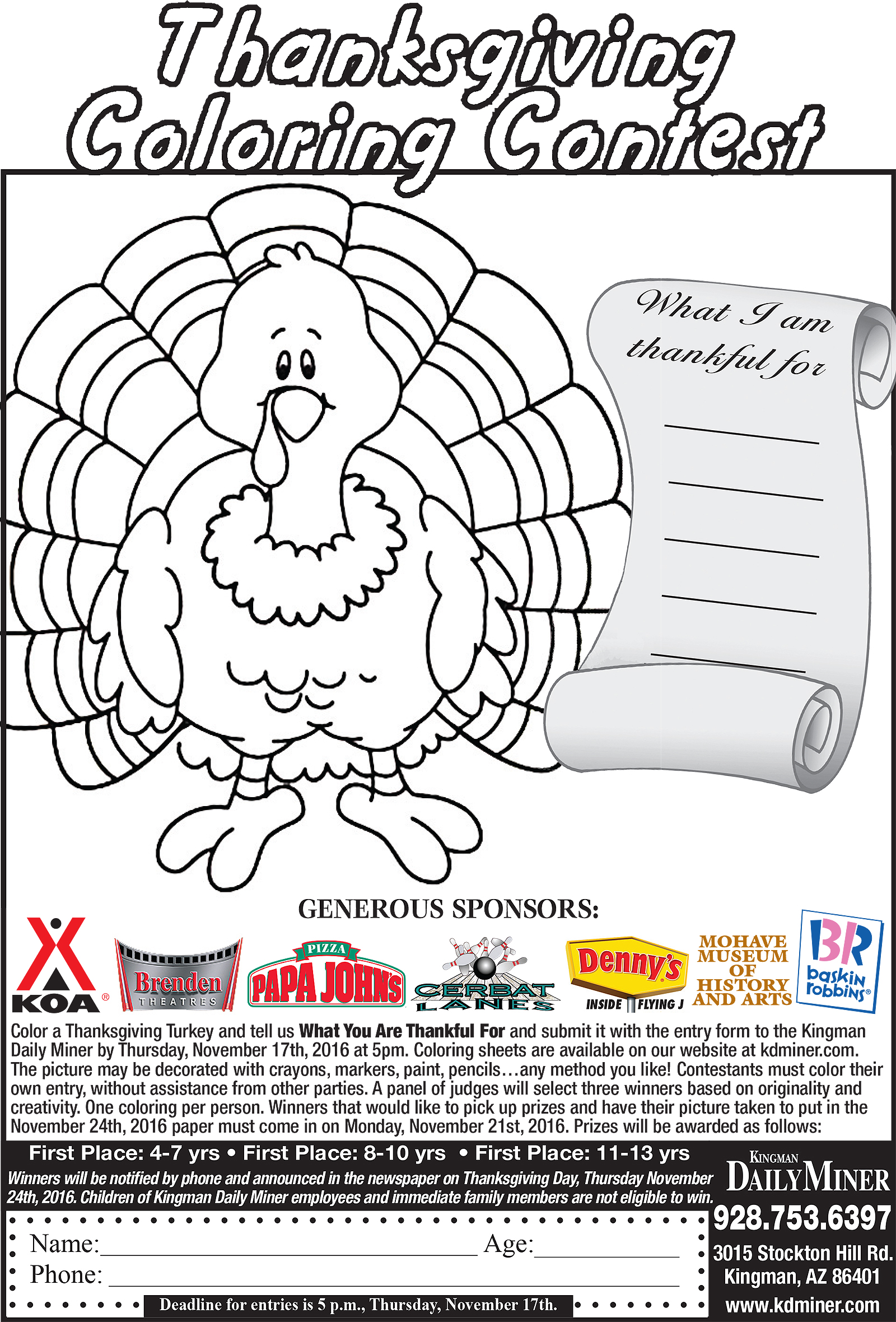 Thanksgiving Coloring Contest is just for kids   Kingman ...