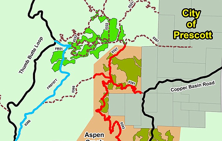 A map showing thinning operations and trail closures during Prescott National Forest’s Francis Stewardship Project. (PNF/Courtesy)