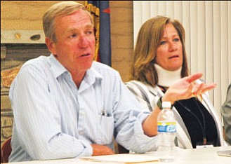 County Supervisor Tom Thurman and NACOG Area Agency on Aging Director Mary Beals-Luedtka explain the process of turning over the Meals on Wheels program to a 501C3 organization during a meeting Thursday, June 18 in Black Canyon City.<br>
BBNPhoto/Heidi Dahms Foster
