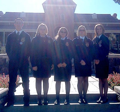 Courtesy Photo<br /><br /><!-- 1upcrlf2 -->The Mayer High School FFA officer team poses in front of Old Main on the University of Arizona campus in Tuscon this summer during the Student Leadership Conference. From left are: Chapter President Grant Samsill, Reporter Taylor Clasen, Treasurer Lacy Sanderson, Secretary Shelbi Thomas, and Vice President Mariah McNevins.<br /><br /><!-- 1upcrlf2 --><br /><br /><!-- 1upcrlf2 -->