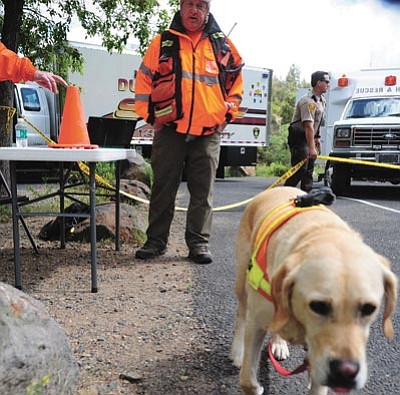 Yavapai County Search Dog unit members Tony Turek and “Hogan” help in the search June 5 for 14-year-old Kadence Swift near Lynx Lake. Searchers found the girl safe after many hours and searching through the night. (Les Stukenberg/The Daily Courier, file)