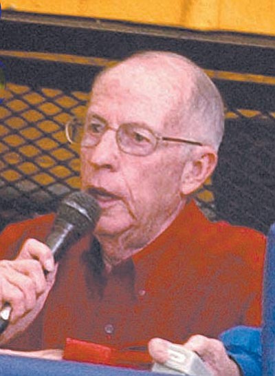 File Photo/The Daily Courier<br /><br /><!-- 1upcrlf2 -->Eddie Viliborghi announces a PHS basketball game in 2005. Viliborghi  suffered a brain aneurysm Tuesday night in Prescott. He was flown to Phoenix and is in stable condition.