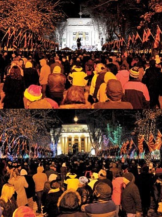 Matt Hinshaw/The Daily Courier<br>
People fill the courthouse square for the 57th annual Prescott Courthouse Christmas Lighting Dec. 3 in downtown Prescott. This composite photo shows the moment before and after the lighting.