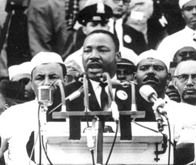 The Associated Press<br>In this Aug. 28, 1963 file photo, Dr. Martin Luther King Jr., head of the Southern Christian Leadership Conference, addresses marchers during his “I Have a Dream” speech at the Lincoln Memorial in Washington. The Martin Luther King Jr. birthday holiday is celebrated today, although the actual anniversary of his birthday is Jan. 15. The Georgia native, who was born in Atlanta, would have been 83 years old. Today, a wreath will be laid at the new King Memorial on the National Mall, in Washington, which opened in August. Since then, the King Memorial Foundation says more than 2 million visitors from around the world have visited the memorial.