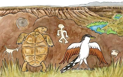 Courtesy BLM<br>Tori the Tortoise learns about Agua Fria National Monument petroglyphs from Miss MacIntyre the yellow-billed cuckoo.
