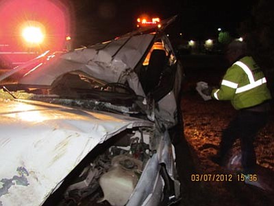Photo courtesy of the Prescott Valley Police Department<br /><br /><!-- 1upcrlf2 -->A man died Wednesday after the Chevy Tahoe he was driving went off the road and crashed into a sign and several trees on Highway 69 and Navajo Drive.
