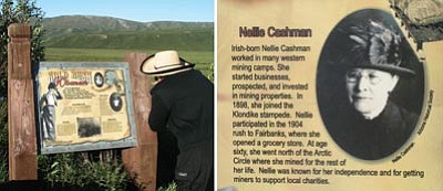 Photo courtesy of Vicky Kaye<br>Melissa Ruffner photographs the roadside marker near Paxson, Alaska, honoring gold rush women including the “Miner’s Angel,” Nellie Cashman, a resident of Prescott in the 1890s.