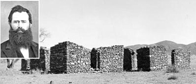 Sharlot Hall Museum/Courtesy photos<br>King S. Woolsey, inset, circa 1870s, and ruins of his Agua Fria Ranch along the Old Black Canyon Highway near Humboldt, circa 1950s. The ruins look much the same today. The ranch was a base of operations for many expeditions to fight the Indians of central Arizona Territory.