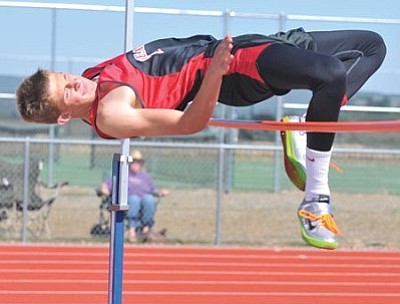 Les Stukenberg/The Daily Courier, file photo<br /><br /><!-- 1upcrlf2 -->Bradshaw’s Casey Huntley clears 5-feet, 4-inches in the high jump during the annual Yavapai County Track Meet at Bradshaw Mountain High School April 27 in Prescott Valley.