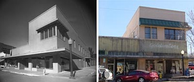 Sharlot Hall Museum/Courtesy photos<br>The Goldwater store in the Otis Building (above, circa 1940) on the northeast corner of Union and Cortez streets opened in 1937 and is the location that most of today’s Prescottonians remember. In January 2012, workers removed an awning on the front of the Otis Building to reveal the old Goldwater’s marquee (below), which appears to be the remainder of a neon sign.