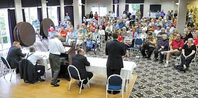 Matt Hinshaw/The Daily Courier<br>
Republican U.S. Senate candidates answer questions from the public Friday afternoon during a GOP forum at Las Fuentes Resort Village in Prescott.
