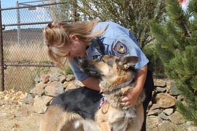 Lisa Irish/The Daily Courier<br>
Animal Control Supervisor Shannon Gray visits with a German shepherd at the Yavapai Humane Society on Wednesday. Gray was honored as Supervisor of the Year by the Prescott Police Department at its awards banquet on Saturday.
