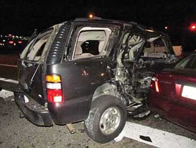 Prescott Valley Police Department, file/Courtesy photo<br>
A white Chevy pickup truck, driven by Terri Dannen, 56, collided on Aug. 6, 2011, with a dark-colored Chevy Tahoe at the intersection of Highway 69 and StoneRidge Drive in Prescott Valley.