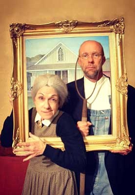 Courtesy Cason Murphy<br> 
Ma (Karen Murphy) tries to escape from Grant Wood’s classic painting “American Gothic” as Pa (Sean Jeralds) looks on in one of the new 10-minute plays featured in thrifTheatre’s festival taking place Dec. 13-15.
