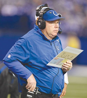 Darron Cummings/The Associated Press<br>While leading the Colts in Chuck Pagano’s absence this season, offensive coordinator Bruce Arians, seen in this Dec. 30, 2012 file photo, led Indy to a 9-3 mark. The Cardinals hired Arians as their head coach late Thursday to fill the NFL’s last head coaching vacancy.