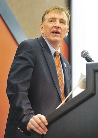Matt Hinshaw/The Daily Courier<br>
U.S. Rep. Paul Gosar, R-Dist. 4, talks to business owners and others during the Prescott Chamber of Commerce’s annual meeting at the Prescott Resort Friday afternoon.