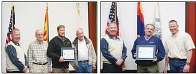 Courtesy photos<br>In the photo at left are Lawrence Wise with Employer Support of the Guard and Reserve, City Manager Craig McConnell, Dean Thompson, Field Operations Supervisor, and Mayor Marlin Kuykendall. The photo at right shows Wise, Parks & Recreation Director Joe Baynes  and Parks Superintendent Tim Legler, Thompson and Baynes were honored for their efforts on behalf of employees serving in the National Guard Reserve.