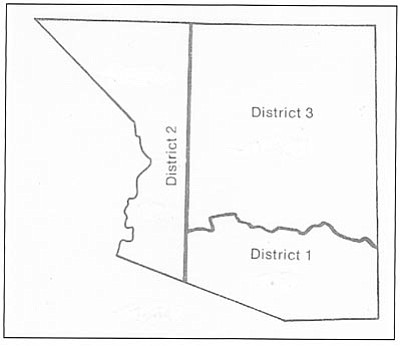 Courtesy image<br>This map shows Arizona Territory in its original configuration with its first political subdivisions, the original three judicial and legislative districts. The projection at the northwest corner later became a part of Nevada.