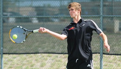 Les Stukenberg/The Daily Courier<br>Bradshaw Mountain’s Max Miller won 6-2, 6-0 as the Bears’ boys tennis team defeated Greenway 5-0 in the AIA state team tennis tournament Tuesday in Prescott Valley.