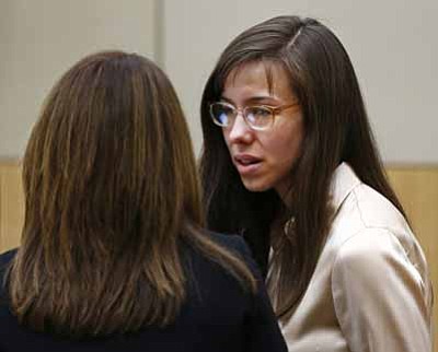 Rob Schumacher/The Associated Press<br> 
Jodi Arias talks to her defense attorney Jennifer Wilmott as the jury begins deliberation Wednesday, during the sentencing phase of her trial at Maricopa County Superior Court in Phoenix.  
