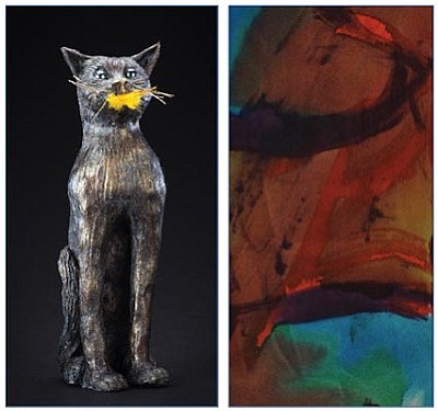Courtesy images<br>At left is the “Royal Cat” ceramic by Mary Schulte, and at right is a silk scarf made by Barb Wills.