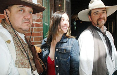 Patrick Whitehurst/The Daily Courier<br>
“Much Ado About Nothing” actress Emma Bates got a chance to hang out with Prescott cowboys (also known as living history re-enactors) Justice and Buckshot on Saturday prior to the screening of her movie, which was filmed by “The Avengers” director Joss Whedon. Bates visited Prescott over the weekend as part of the Fourth Annual Prescott Film Festival. 
