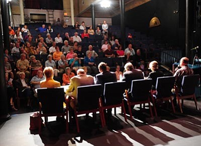 Les Stukenberg/The Daily Courier<br /><br /><!-- 1upcrlf2 -->Prescott City Council candidates answer questions during a forum at the Prescott Center for the Arts Monday night.