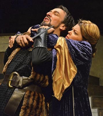 Karen Despain/The Daily Courier<br>Son Geoffrey (Robb Andersen) and his mother, Eleanor of Aquitaine (Melanie Sapecky), get into a bit of a squabble in “The Lion in Winter,” which opens Thursday at the Prescott Center for the Arts.