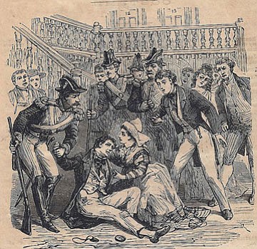 Courtesy image<br>
This illustration depicts a scene from "Robert Macaire," a melodrama performed July 20-21, 1868, by Charles LaMonte and company of Fort Whipple.