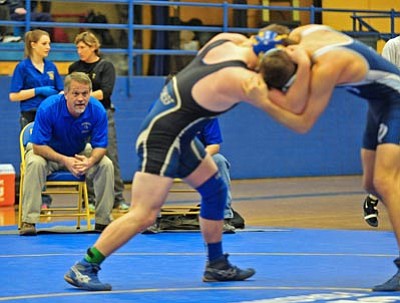 Matt Hinshaw/The Daily Courier<br>Prescott High School wrestling head coach Eric Koehler and the Badgers, seen in a meet on Jan. 15 at home, had to bow out of Wednesday’s tri-city match against Bradshaw Mountain and Chino Valley due to illness spreading around the PHS squad.