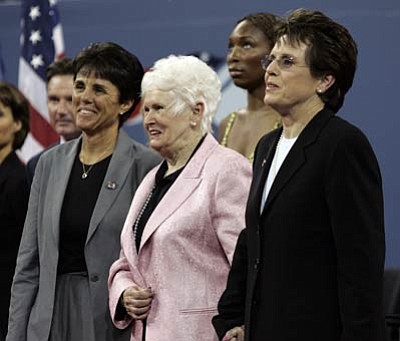 Elise Amendola/The Associated Press<br>In this Aug. 28, 2006 file photo, Billie Jean King stands with her mother, Betty Moffitt, center, and girlfriend Ilana Kloss, left, during the dedication ceremony for the USTA National Tennis Center, re-named in King's honor, at the U.S. Open tennis tournament in New York. Moffitt, the mother of Billie Jean King and former major league pitcher Randy Moffitt, has died in Prescott. She was 91.