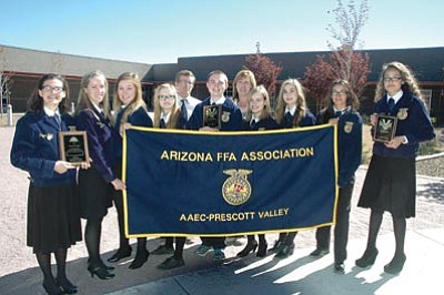 Patrick Whitehurst/The Daily Courier<br>From left to right are Peyton Cass, Aimee LeQuesne, Colee Pehl, Kennedi McCormick, teacher Robin Davis, Jeff Harder, teacher Candace Zeier, Weslee Green, Emma Pearson, Julia Tone, and Whisper Setzer. The students made up two teams that won state championships this month during the Arizona State Future Farmers of America (FFA) career development events at the University of Arizona.
