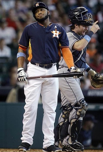 Patric Schneider/The Associated Press<br>Jon Singleton reacts strikes out in the bottom of the ninth in Houston's loss to the Tampa Bay Rays on  June 15.