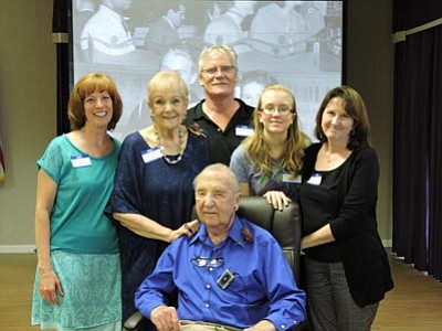 Courtesy photo<br>Ethan Davis, seated, is flanked by family members who helped host a “Party B4 Parting” – a celebration of life while he was alive to enjoy it. Left to right are daughter Gretchen Hopkins, Ethan’s wife Judy Davis, son Bruce Davis, and Bruce’s daughter Jordan and wife Lisa.