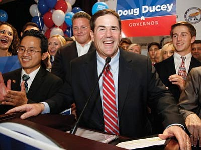 Doug Ducey speaks to supporters as he claims victory on winning the Republican primary for Arizona governor Tuesday in Phoenix. (Ross D. Franklin/The Associated Press)