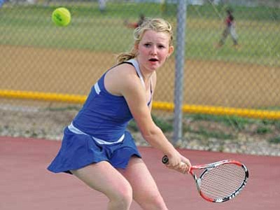 Matt Hinshaw/The Daily Courier, file<br>
Prescott’s Sarah Jane Schott backhands the ball during a match against Maricopa back on March 20 at PHS.