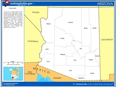 This map shows Arizona’s counties as they exist today. Yavapai has been called the “Mother County” because Apache, Coconino, Gila and Navajo counties were carved out of it. (U.S. government/Courtesy map)