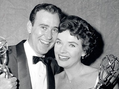 In this 1958, file photo, writer Carl Reiner and actress Polly Bergen pose with their statuettes at the Emmy Awards presentations in New York. (File/The Associated Press)