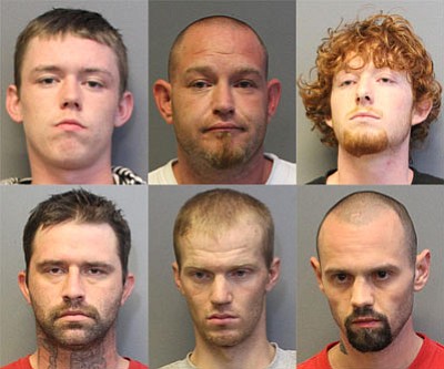 Christopher James Abey, David Wayne Brawley, Kiefer Ryan Carter, Richard Elden Lee, Ryan Scott Rash and Charles Robertson, all of California, were arrested Wednesday and charged with drug possession charges.