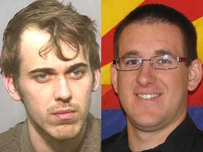 Flagstaff police/Courtesy photos<br>
The suspect and shooter was, at left, Robert William Smith, 28, of Prescott. Flagstaff police officer Tyler J. Stewart, 24, died at Flagstaff Medical Center.
