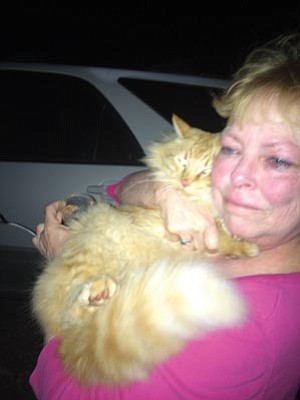 Courtesy photo<br>Ali Mazur, above, and her daughter Audrey, below, cuddle their long-lost cat Booger the night he showed up at their home, one and a half years after going missing during the Yarnell Hill wildfire.