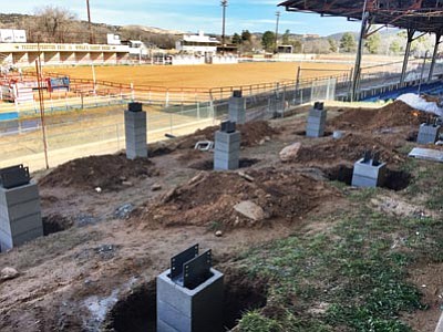 Les Stukenberg/The Daily Courier<br>
The foundation footprint is set for the new viewing deck off of the Mackin Building at the Prescott Rodeo Grounds.