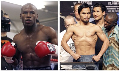 Alastair Grant and Rick Bowmer/AP, file<br>Floyd Mayweather Jr., left, and Manny Pacquiao will fight again on May 2 in a welterweight showdown that will be boxing's richest fight ever.