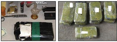 Courtesy<br>At left, 5 lbs. of seized meth. If this one brick is more pure than the five at the far right, it will be worth more than those combined. Picture at right, 16 lbs. of seized meth. Depending on how many times it was cut or where it was to be sold, the cost per pound changes dramatically. 
