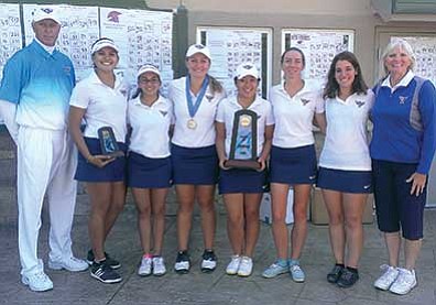 Embry-Riddle Athletics/Courtesy photo<br>
From left, Embry-Riddle assistant golf coach Mike Haddow, women’s players Lauren Kruszewski, Sara El Baissi, Trae Jones, Ellen Springs, Jennifer Baltimore and Alex Friedman-Sweet, and head golf coach Kim Haddow gather after the Eagles’ women’s golf team wins the 2015 Cal Pac Conference title.