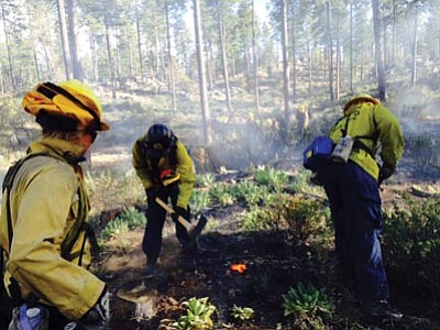 Firefighters work to contain a wildland fire near the intersection of Highway 89 and Ponderosa Park Road Sunday, May 3. (Battalion Chief Ralph Lucas/Courtesy photo