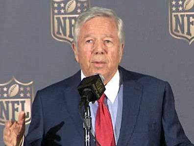NFL/via AP<br>
In this image from video provided by the NFL, Patriots owner Robert Kraft speaks at the owners meetings in San Francisco, Tuesday, May 19. Now that Kraft is not appealing his team’s punishments in the deflated footballs scandal, only his quarterback’s challenge remains.