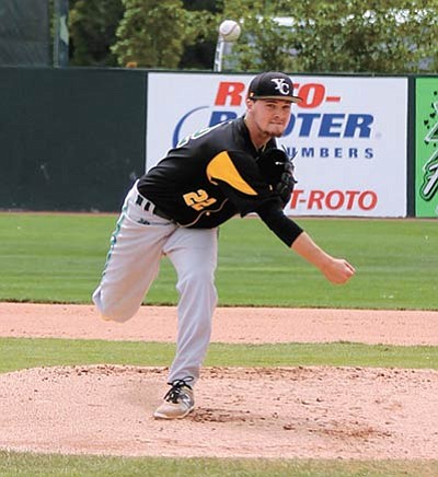 Joseph Harold, Montrose Daily Press/Courtesy<br>Yavapai starting pitcher Jake Kolterman delivers a pitch during Tuesday's first inning against Iowa Western in Grand Junction, Colorado, at the JUCO World Series.