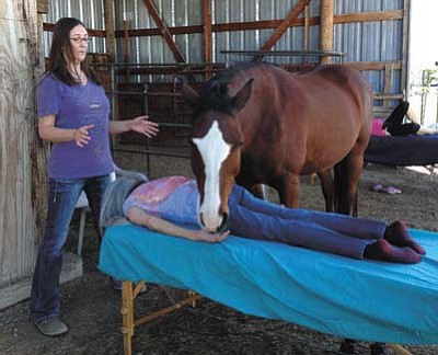Courtesy<br>Healing practitioner Jennifer Wrobel works with a patient with one of the stable’s two therapy Rocky Mountain horses, Mattie Mae. The other therapy horse is Secret.
