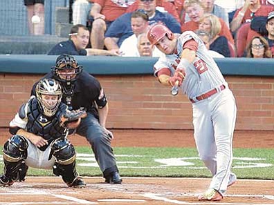 Michael E. Keating/The AP<br>
American League's Mike Trout, of the Los Angeles Angels, hits a home run during the first inning of the MLB All-Star baseball game, Tuesday, July 14, in Cincinnati. Trout repeated as MVP.